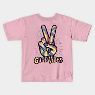 "Neon Tie-Dye Peace Sign Hand" - Retro Cute Hipster Kids T-Shirt